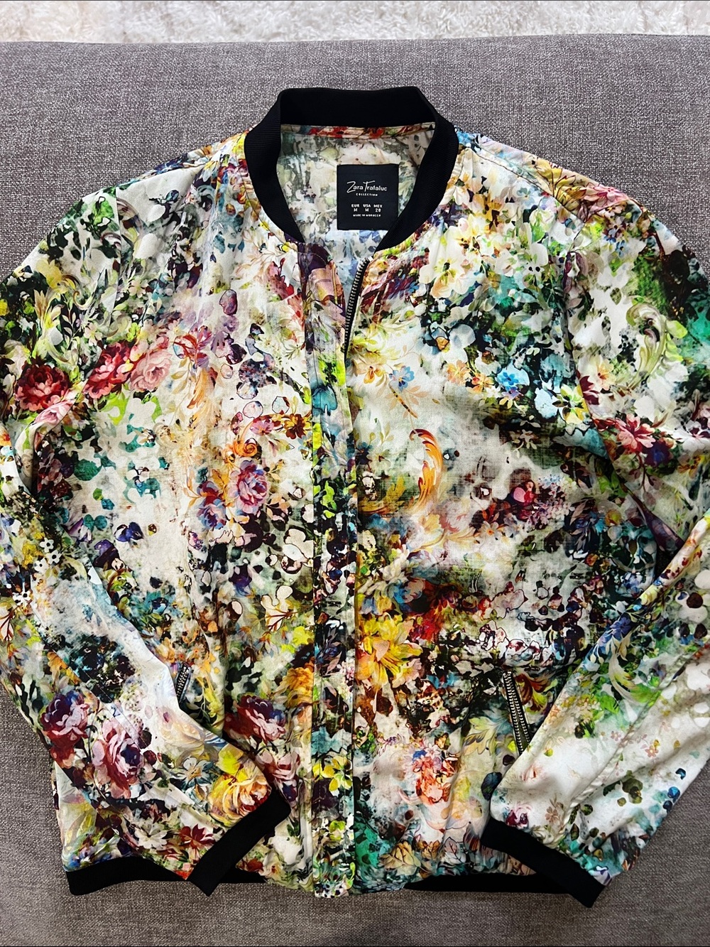 Zara Trafaluc Collection Multicolor Floral Bomber Jacket with Black Trim
